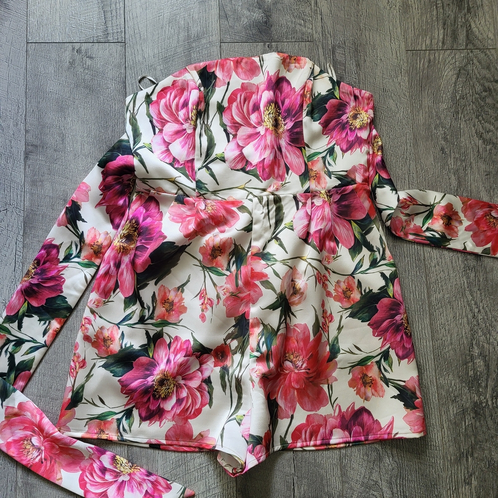 Floral Pink and White Satin Romper